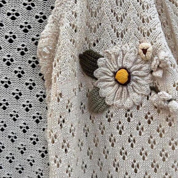 Cottage core vintage daisy flower child cream crotchet knit 3d daisy cardigan S - Picture 7 of 8